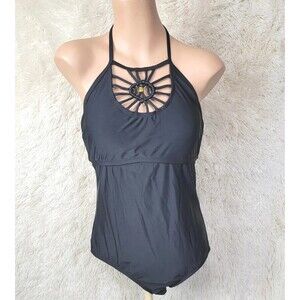 Playa Swim Womens Size Medium 8/10 One Piece Halter Swimsuit Black Molded Cups G